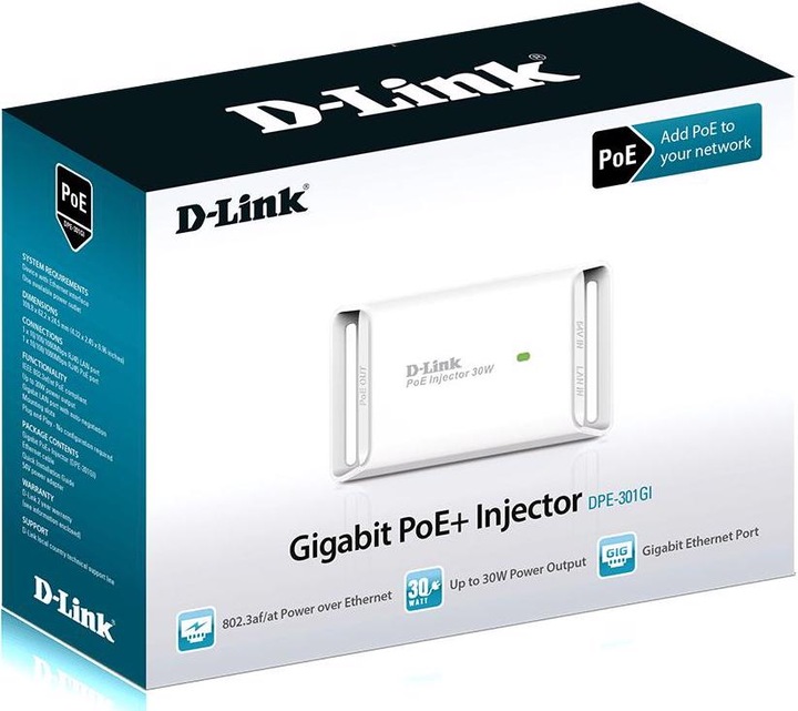 Produktbild D-Link DPE301GI: PoE+ Gigabit Injector (802.3at (PoE+), 802.3af (PoE), 30 W)