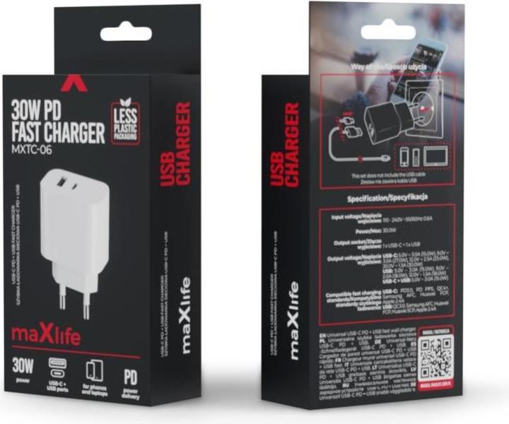 Immagine prodotto Maxlife MXTC-06 Caricabatterie PD QC 1x USB-C 1x USB 30W bianco (30 W, 2 porte)