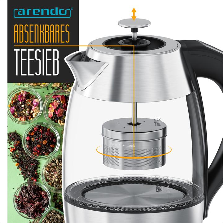 Actual product image Arendo Wasserkocher mit Temperatureinstellung aus Glas & Edelstahl, Teesieb, Teekocher, 1,8 L, 2200 W (1.80 l)