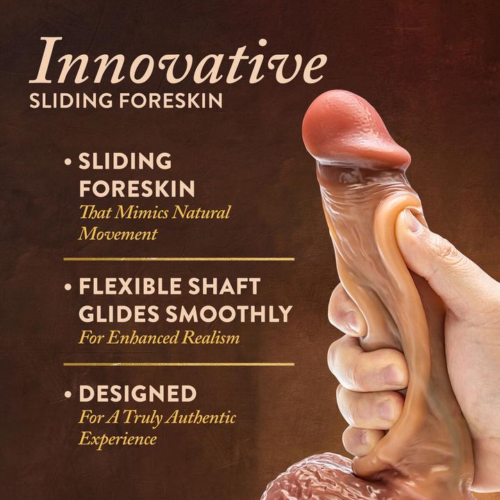 Actual product image Blush Renaissance Raphael Sliding Foreskin Dildo with Squeezable Balls Tan Flesh 24.1 cm