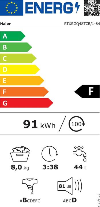 Energie-Label Haier RTXSGQ48TCE 1-84 Waschmaschine Toplader / 8 kg (8 kg, Unten)