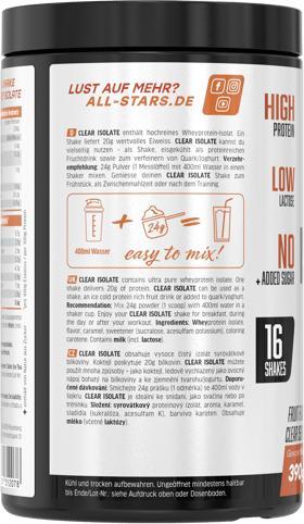 Immagine prodotto All Stars Proteine Whey Isolate Clear (barattolo da 390 g) (Tè freddo al mango e pesca, 1 pz., 390 g)