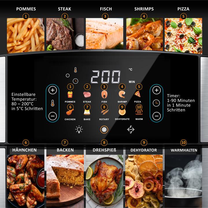 Immagine prodotto Arendo Heissluftfritteuse WiFi 16 L, Air Fryer/Grill/Dörren, 1800 W, inkl Zubehör, Multifunktionsofen, XXL