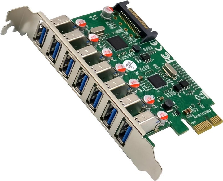 Actual product image InLine Interface card, 7x USB-A 3.2 Gen.1, PCIe, with SATA power connection