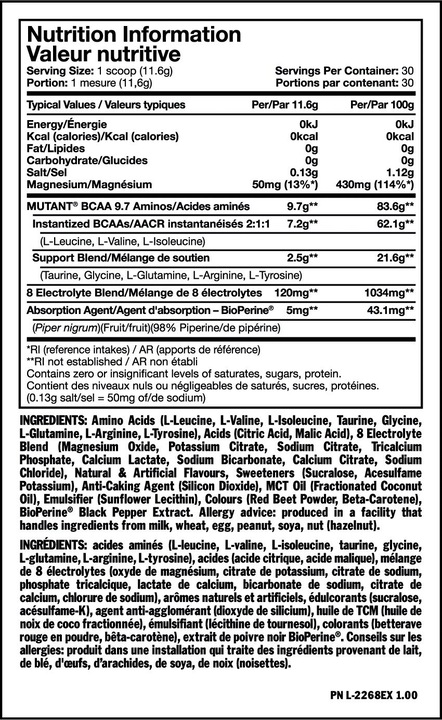 Nährwerte und Zutaten Mutant Bcaa 9.7 (1 Stück, Pulver, 348 g)