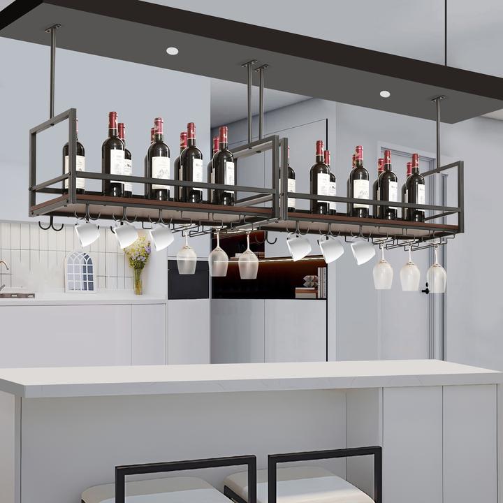 Actual product image En.Casa Weinregal mit Glashalterung Borejle 80x30x65 cm Schwarz/Walnussoptik
