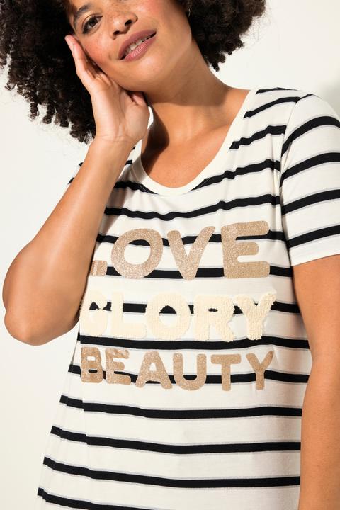 Image du produit Angel of Style T-shirt rayé en jersey côtelé à message imprimé, col rond et manches courtes (44)