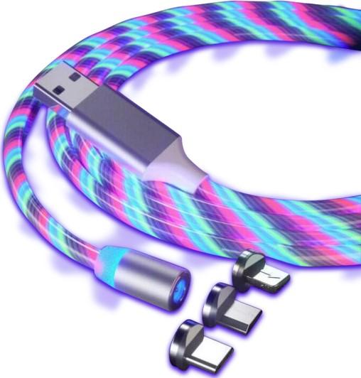 Actual product image PhoneLook 3 in 1 USB charging cable with LED light and magnetic charging attachments (multicolour) (1 m, USB 3.2 Gen 1)