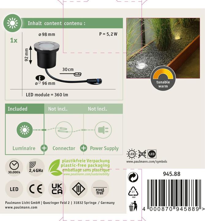 Immagine prodotto Paulmann Outdoor Plug & Shine Bodeneinbauleuchte (250 lm, IP65)