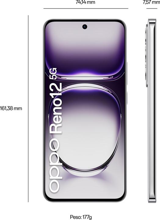 Actual product image OPPO Reno12 5G (256 GB, Astro Silver, 6.70", Dual SIM, 5G)