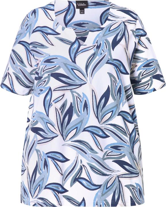 Image du produit Ulla Popken T-shirt à manches courtes et col tunisien, motif feuilles, coupe évasée (54)