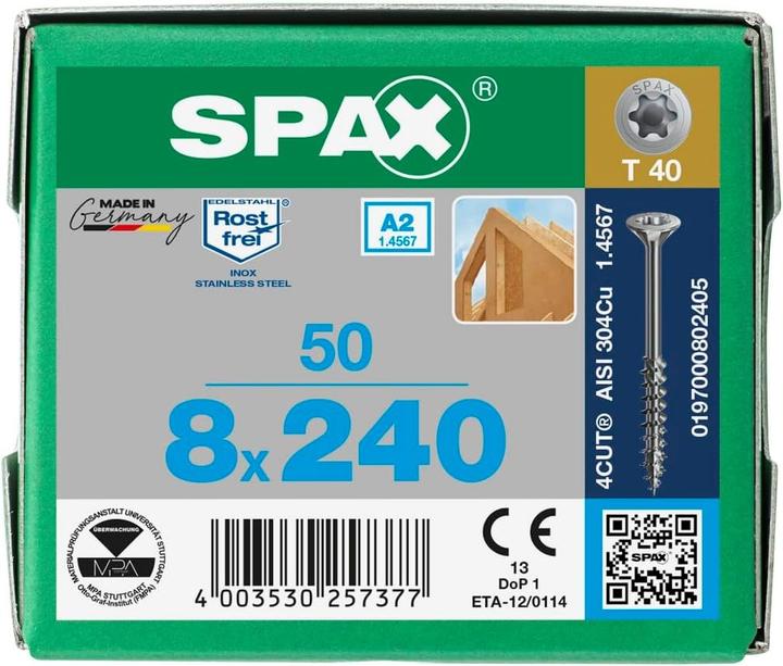 Immagine prodotto Spax A2 Senkmultikopf T-Star Plus T40 Teilgewinde 4cut (50 Viti per pezzo, 8 x 240 mm)
