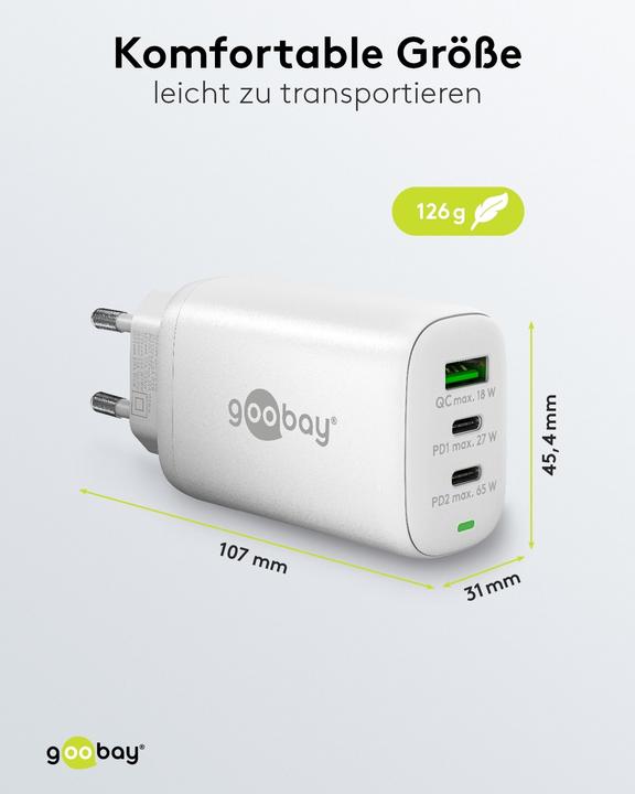 Produktbild Goobay USB-C PD 3-fach Multiport-Schnellladegerät 65 W weiss (65 W)