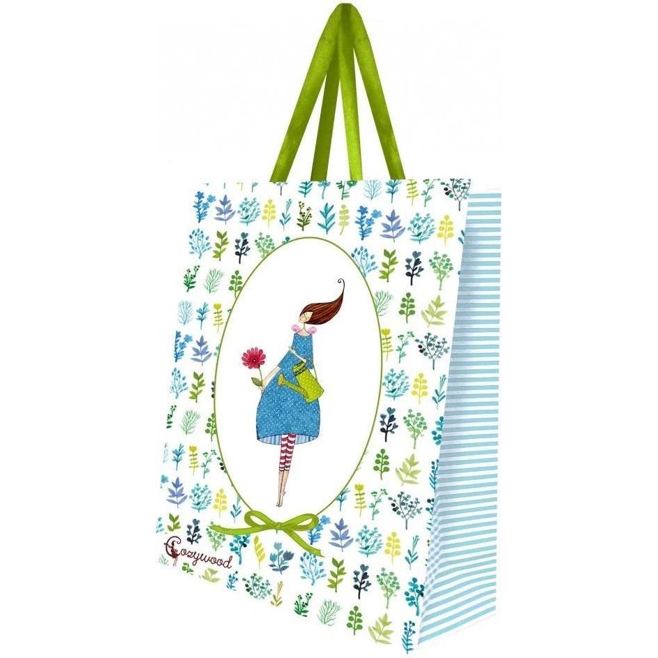 Cozywood, Confezione regalo, Grosse dekorative Tasche. Frau mit einer Giesskanne