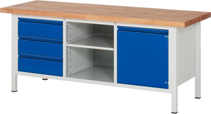 Actual product image RAU Workbench BASIC 8563 solid beech 2000x700x840mm 3 drawers 1 door with fa... (200 cm, 70 cm)
