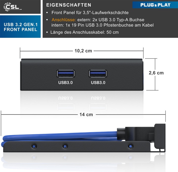 Immagine prodotto CSL Pannello frontale a 2 porte USB 3.0 per alloggiamenti da 3,5", fino a 5Gb/s (USB-A, 2 Porti)