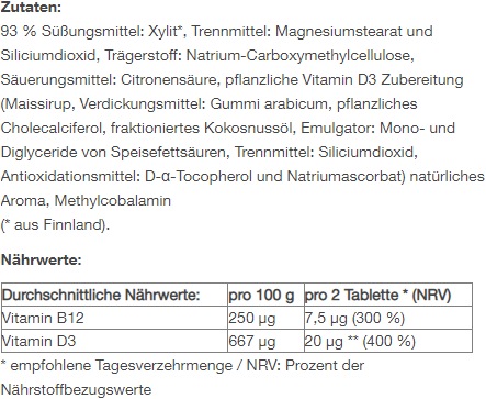 Nutritional values and ingredients Raab Vitamin B12 & D3 (60 Piece, Pills, 90 g)