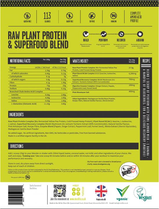 Valeurs nutritives et ingrédients Vivo Perform Raw Plant Protein & BCAA Fraise & Vanille (Vanille, Fraise, 1 x, 988 g)