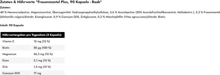 Nährwerte und Zutaten Raab Frauenmantel Plus (90 Stück, Kapseln, 90 g)