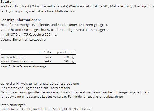 Nutritional values and ingredients Raab Weihrauch Extrakt (75 Piece, Capsules, 37.50 g)