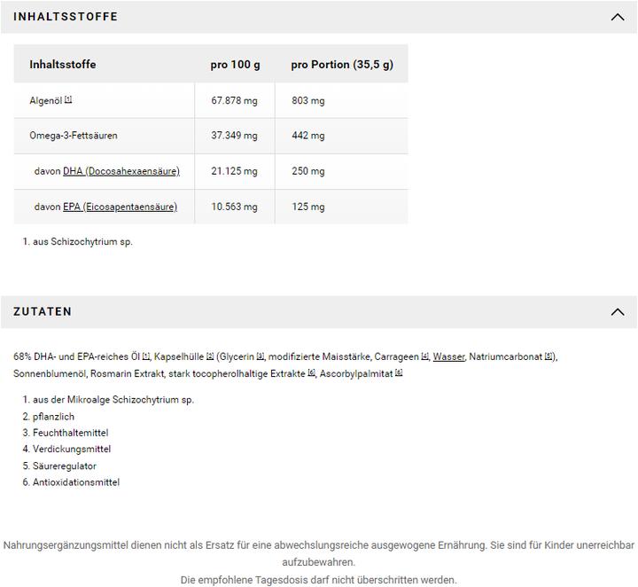 Nährwerte und Zutaten Raab Algenöl Omega-3 mit DHA und EPA (30 Stück, Kapseln, 35.50 g)
