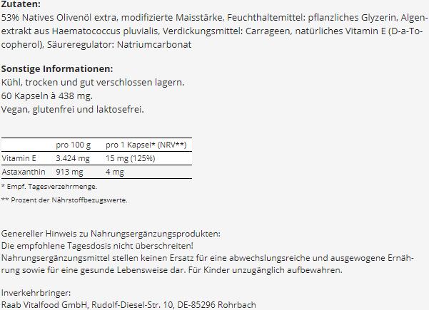 Nutritional values and ingredients Raab Astaxanthin mit Vitamin E (60 Piece, Capsules, 26.30 g)