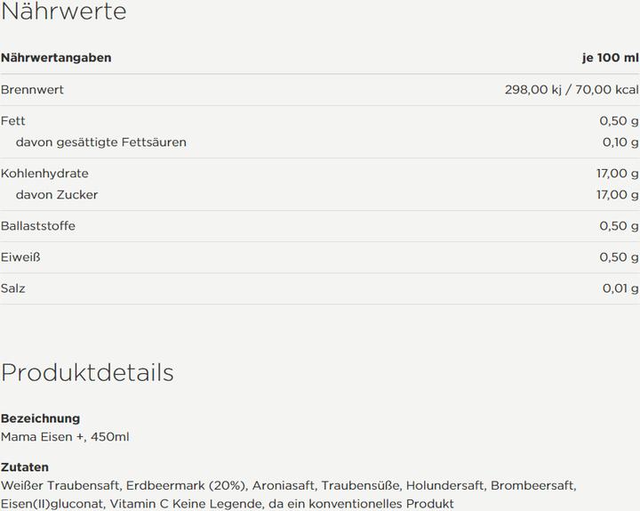 Nutritional values and ingredients Rabenhorst Redcheek Mama (6 Piece, Liquid)