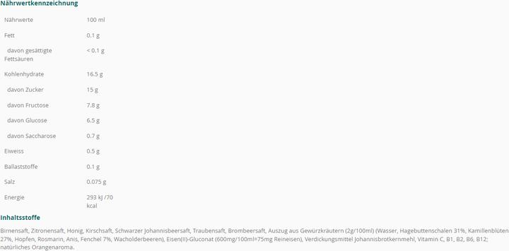 Nährwerte und Zutaten Rabenhorst Eisenblut plus (6 Stück)