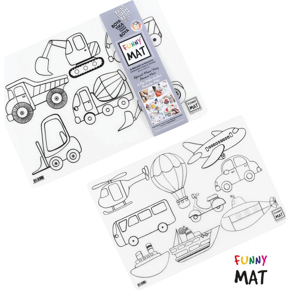 Funny Mat, Unterlage, Set wiederverwendbare Malvorlagen Baumaschinen und Fahrzeuge, 2-er set