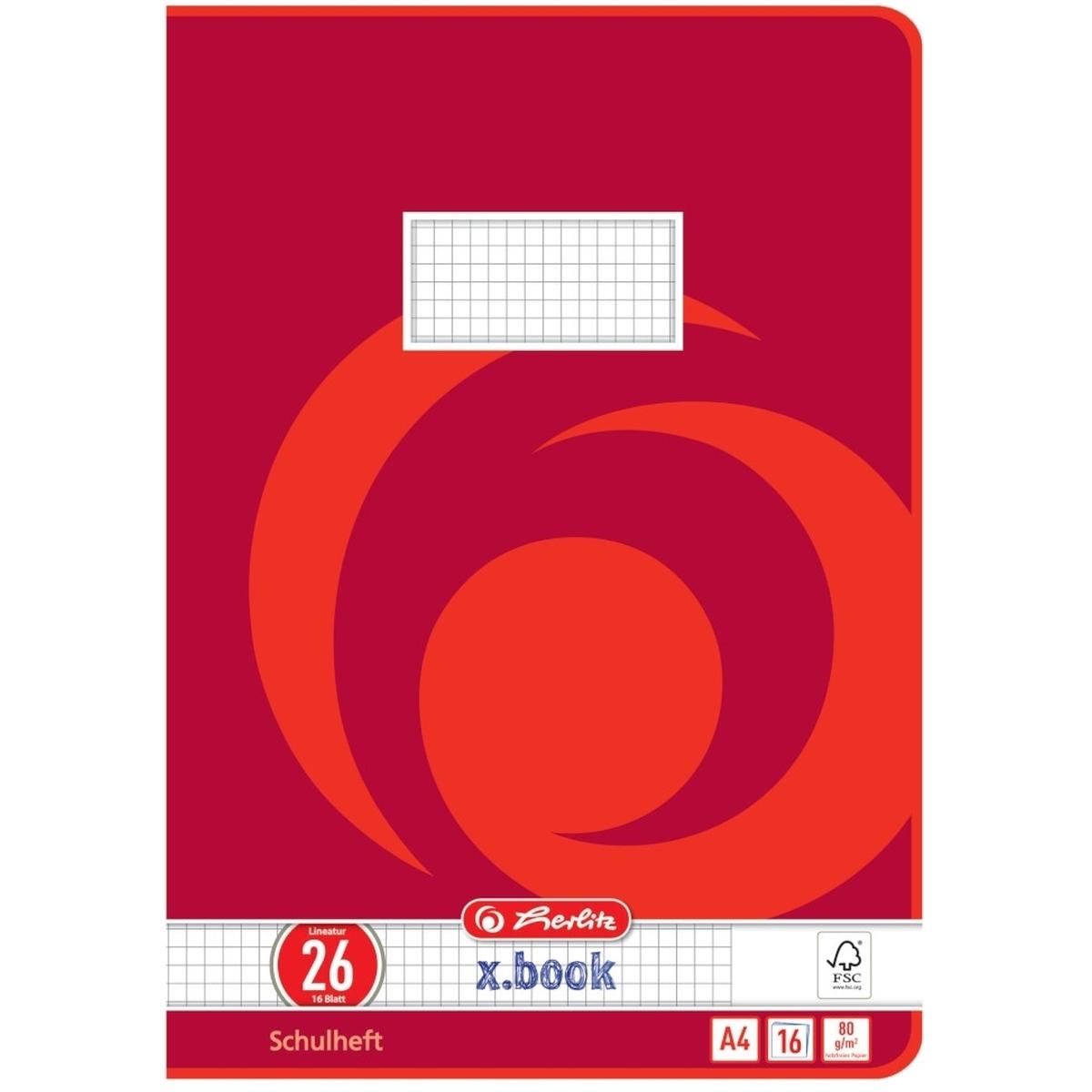 Herlitz, Heft + Block, Schulheft X-Book, DIN A4, Lineatur 26 (A4, Kariert, Harter Einband)