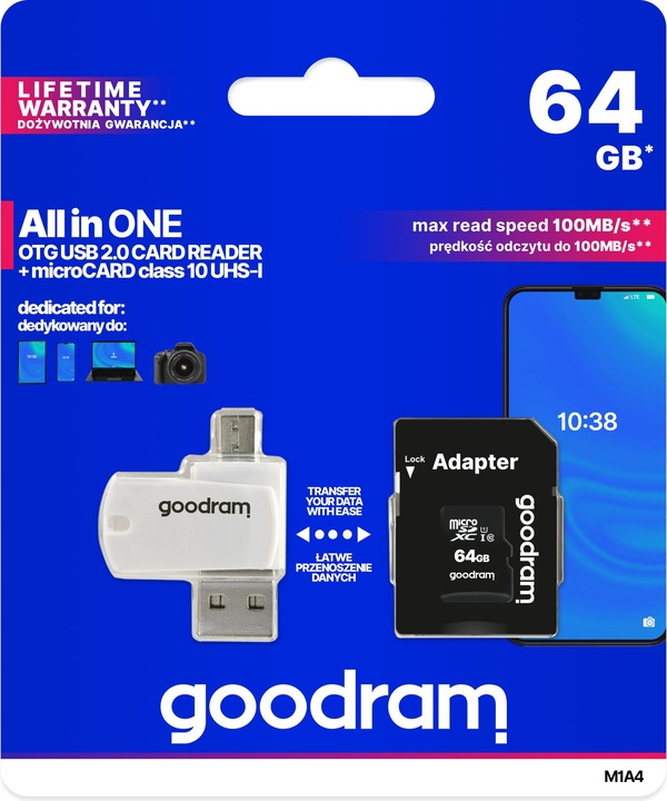 Actual product image Goodram All in one M1A4-0640R12 memory card 64 GB MicroSDXC Class 10 UHS-I+ The - Extend (64 GB, microSDXC, U1, UHS-I)