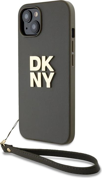 Actual product image DKNY PU Leather Stack Logo Wrist Strap Case for iPhone 15 Brown (Apple iPhone 15)