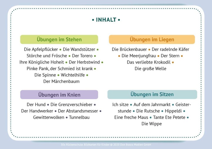 Nährwerte und Zutaten 30 x Rückenschule. Bildkarten für Kinder (Deutsch, Bettina Scheer, Elke Gulden, 2021)