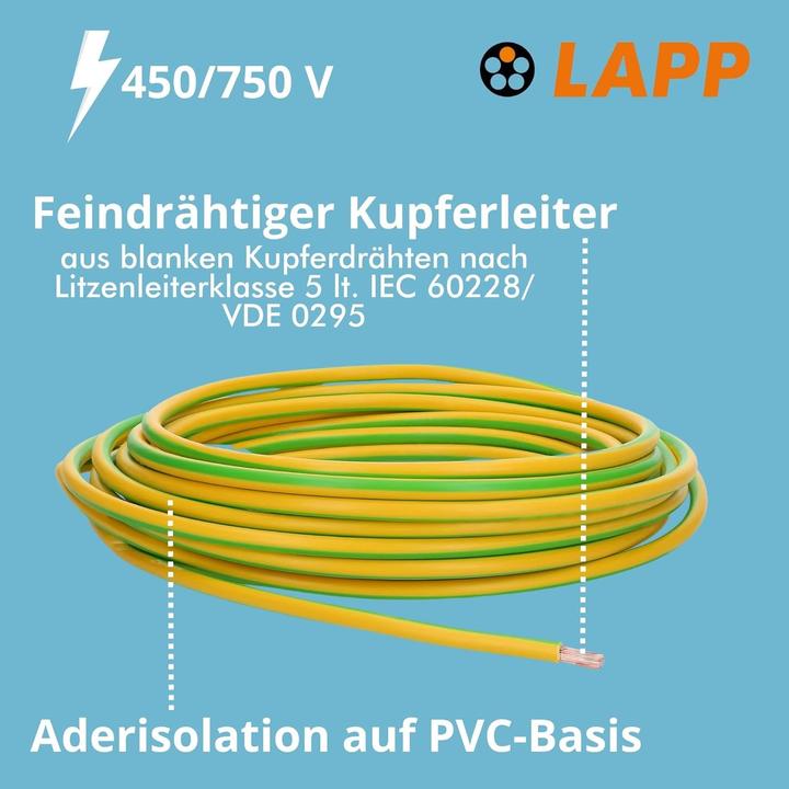 Actual product image Lapp 5 metres 4520005 H07V-K 10 mm² green-yellow I Earthing cable I Wiring cable I Core cable flex (5 m)