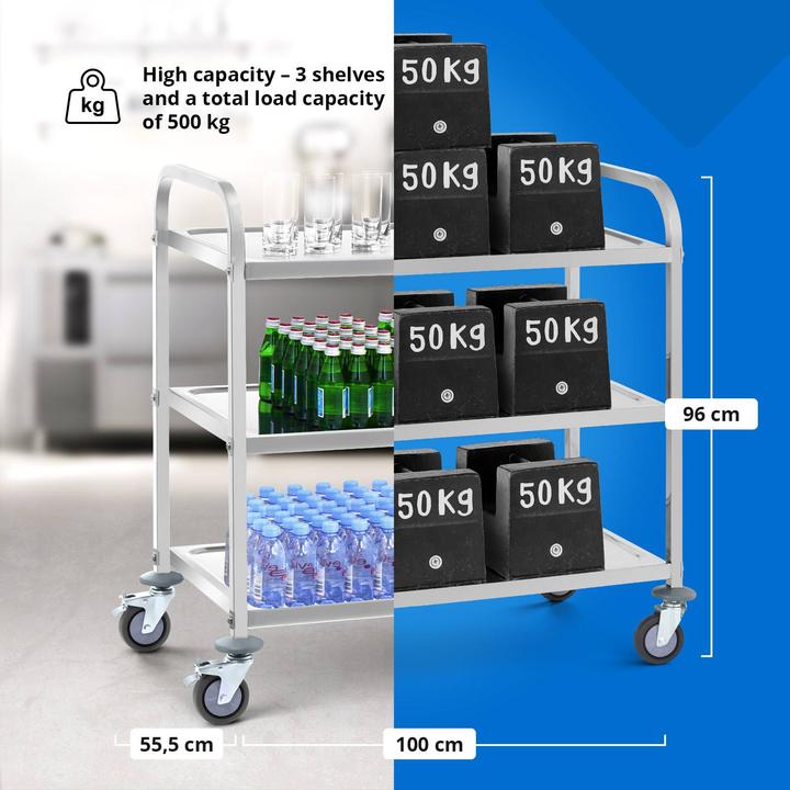 Image du produit Royal Catering Chariot de service en acier - 3 plateaux - 150 kg max. - 2 freins