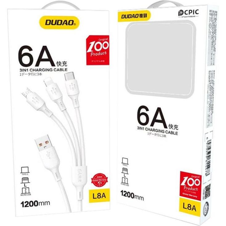 Thumbnail - Dudao USB cable - USB C / micro USB / Lightning 480Mb/s 6A 1.2m - white (1.20 m, USB 2.0), USB Kabel