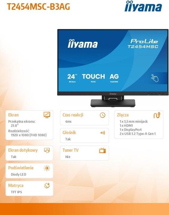 Immagine prodotto iiyama TFT T2454MSC 60.5cm PCAP 24"/1920x1080/HDMI/DP/2xUSB/TOUCH (1920 x 1080 pixel, 23.80")