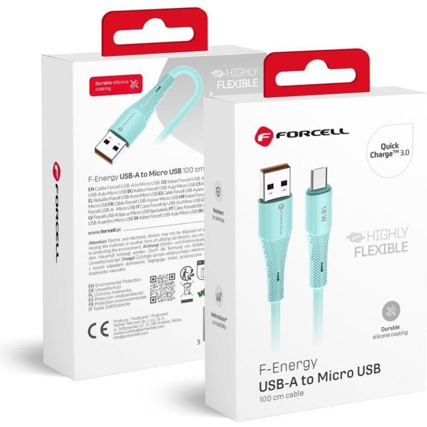 Forcell Cable F-ENERGY C341 cable USB A to Micro USB QC3.0 2,4A 18W Silicone 1 m blue (1 m, USB 2.0, 18 W), Cavo USB