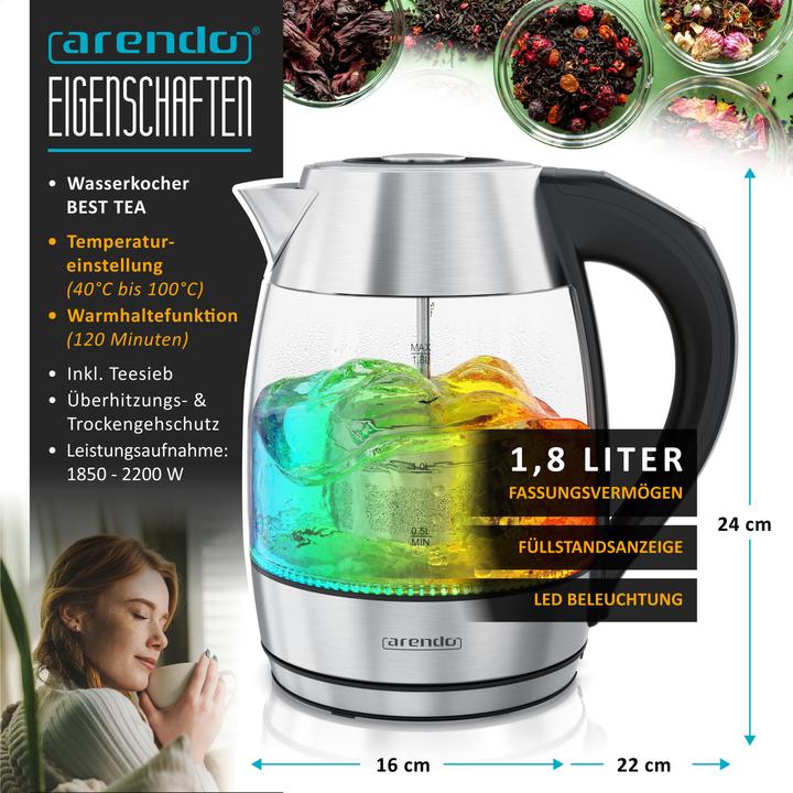 Actual product image Arendo Wasserkocher mit Temperatureinstellung aus Glas & Edelstahl, Teesieb, Teekocher, 1,8 L, 2200 W (1.80 l)
