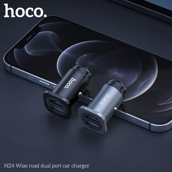 Actual product image Hoco NZ4 Wise Road Dual Port Car Charger, Grey
