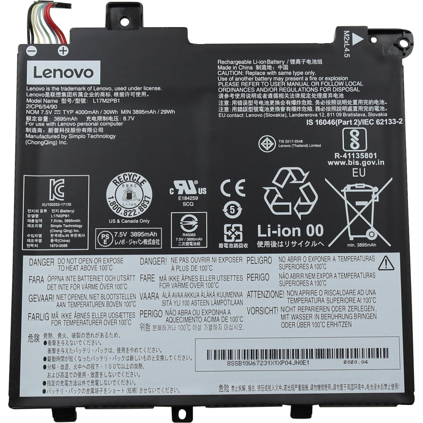 Lenovo Original Akku für SB10W67211 (4000 mAh), Notebook Akku, Schwarz