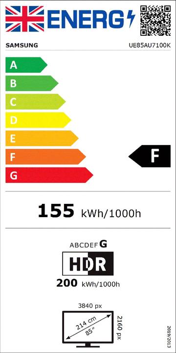 Energie-Label Samsung Series 7 UE85AU7100K 2,16 m 4K Ultra HD Smart TV Wifi Grijs (85", LED, 4K)