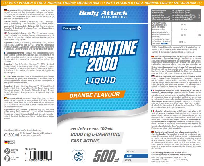 Nutritional values and ingredients Body Attack L-Carnitine Liquid (500 ml) (1 pcs., Liquid, 500 ml)