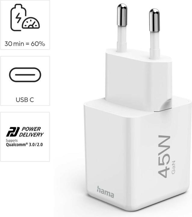 Image du produit Hama Chargeur rapide, USB-C, PD/QC/GaN, super-mini-chargeur, 45 W, blanc (45 W, 1 portion)