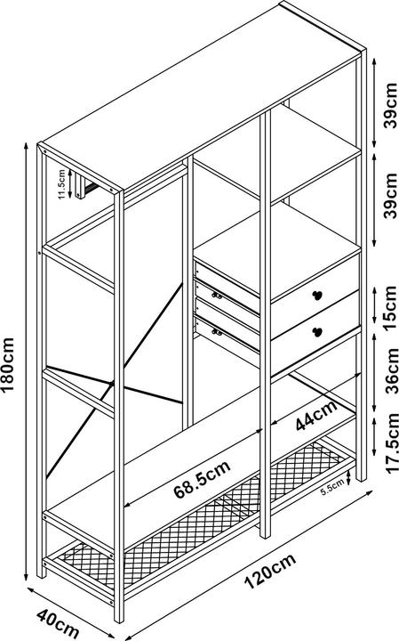 Produktbild En.Casa Garderobenständer Larem 180x120x40 cm Weiss/Eicheoptik