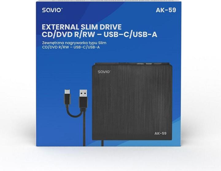 Produktbild Savio AK-59 Externer schlanker CD/DVD-Recorder R/RW - USB-C/USB-A, juodas (DVD Brenner)