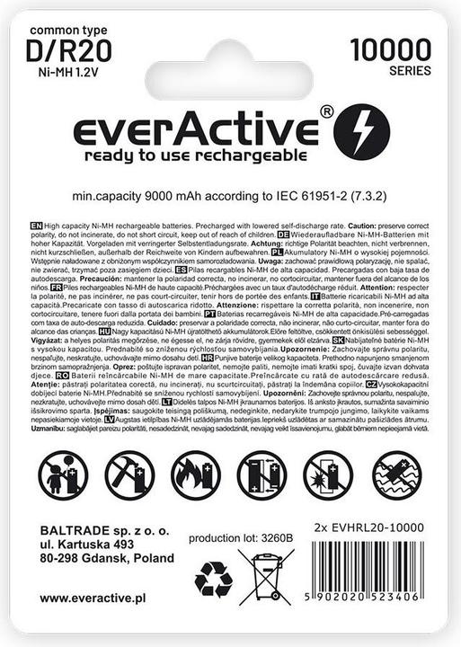 Produktbild Everactive Rechargeable Batteries R20/D Ni-MH 10000 mAh ready to use - Batterie - Mono (D) (1 Stk., D, 10000 mAh)