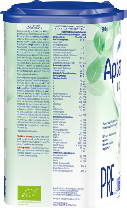 Nutritional values and ingredients Aptamil Organic Pre (800 g, from birth)