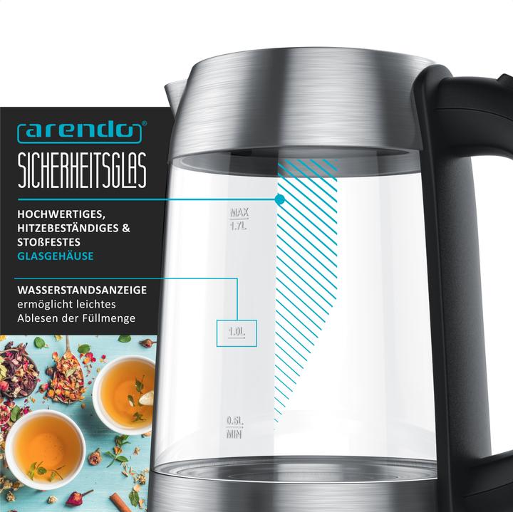 Produktbild Arendo Wasserkocher 1,7 l, 2200 W, Edelstahl & Glas, automatische Abschaltung, Kalkfilter, LED (1.70 l)