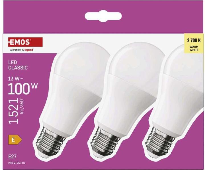 Actual product image Emos LED lamp Classic A60 / E27 / 13 W (100 W) / 1521 lm / Warm white (E27, 13 W, 1521 lm, 3 x, E)